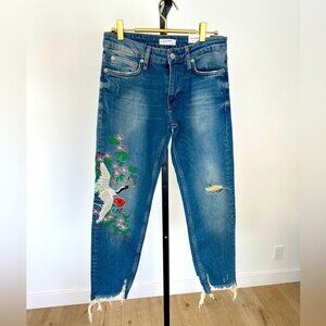 Zara the boyfriend embroidered blue raw hem jeans size 2